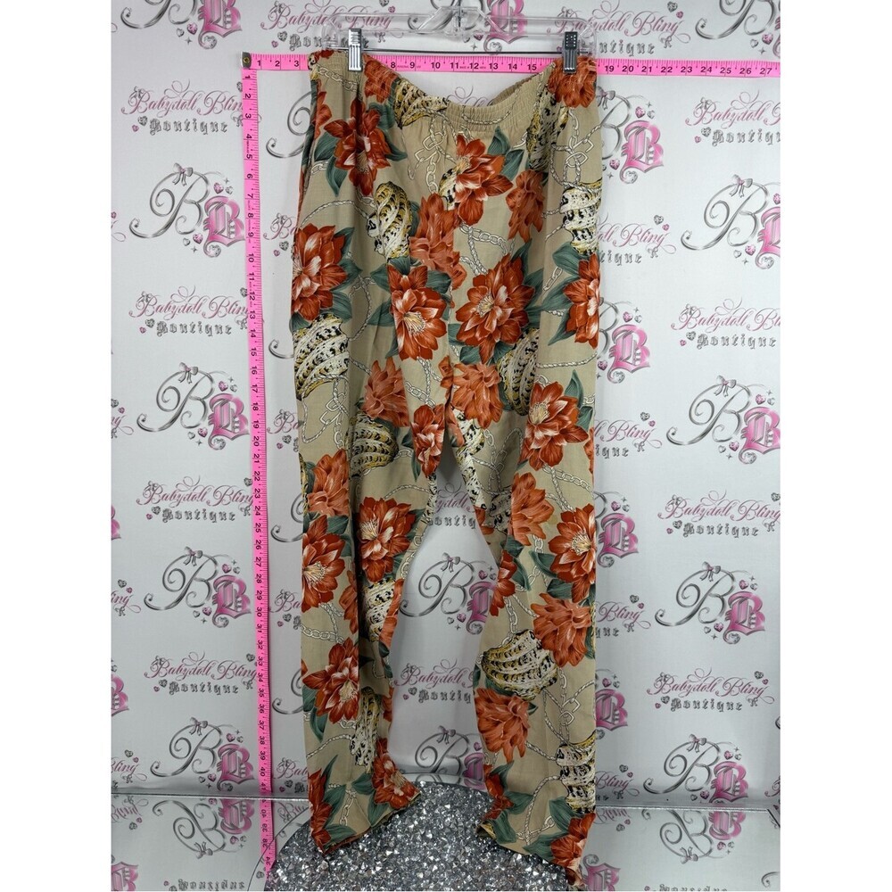 80 sauve pants chain link style Beige Floral Boot-Cut Pants with Rust Blooms